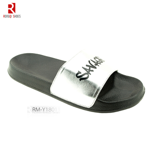 Custom logo printed shining PU men's PVC slide slippers